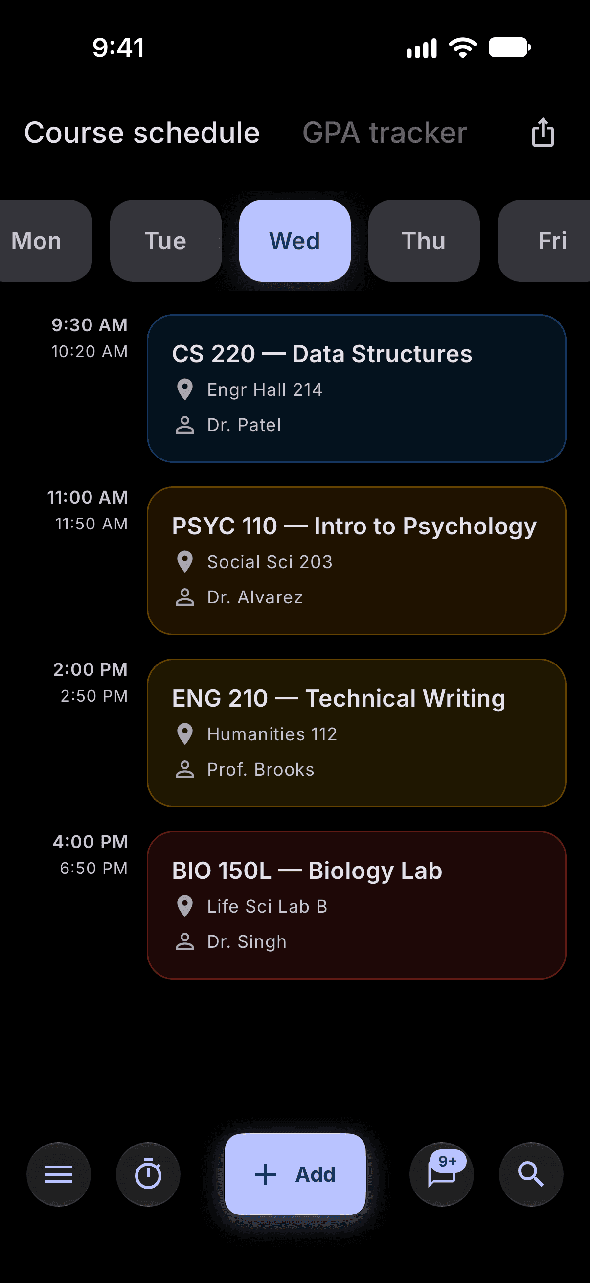 Wednesday's course schedule with four color-coded classes, rooms and instructors