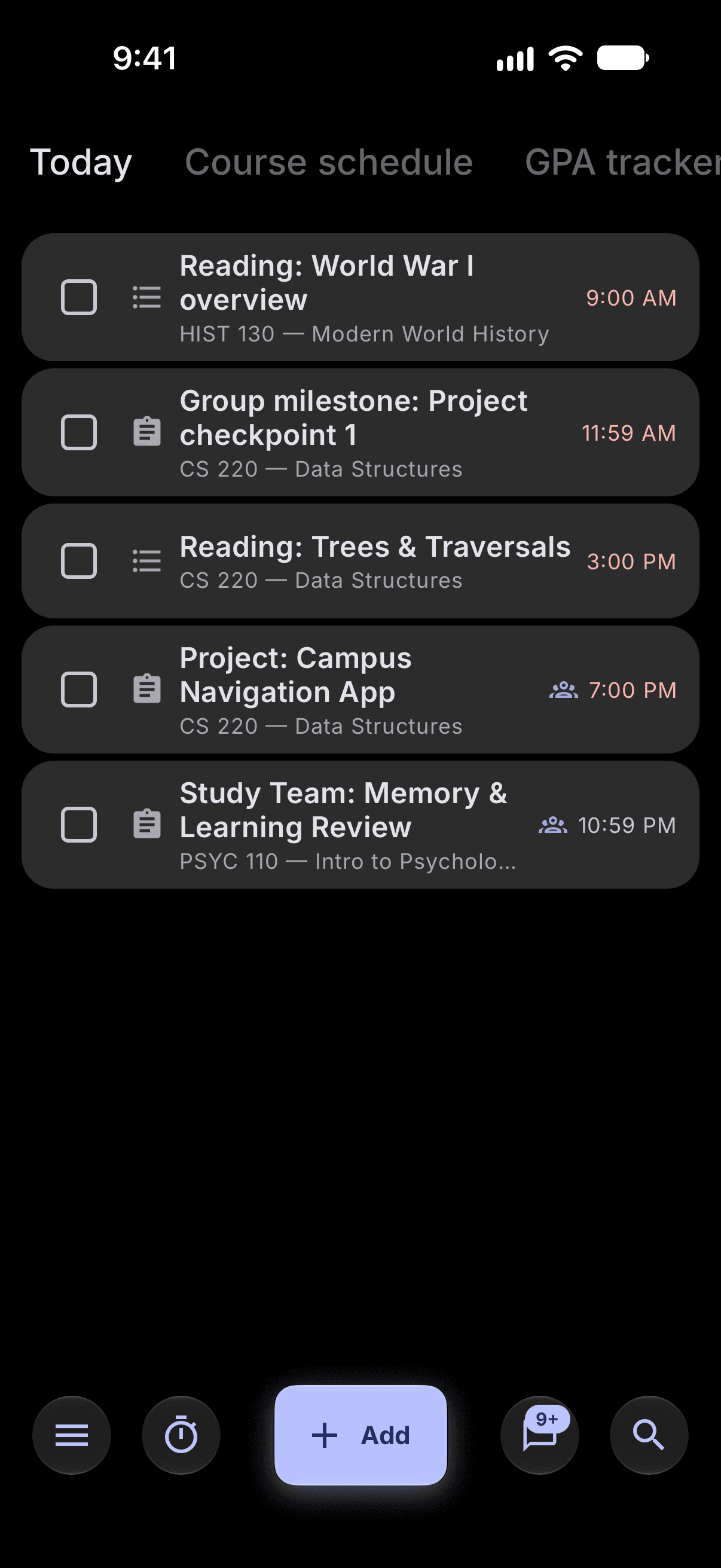 Stu.Do's Today list in dark mode, with five readings and assignments due today